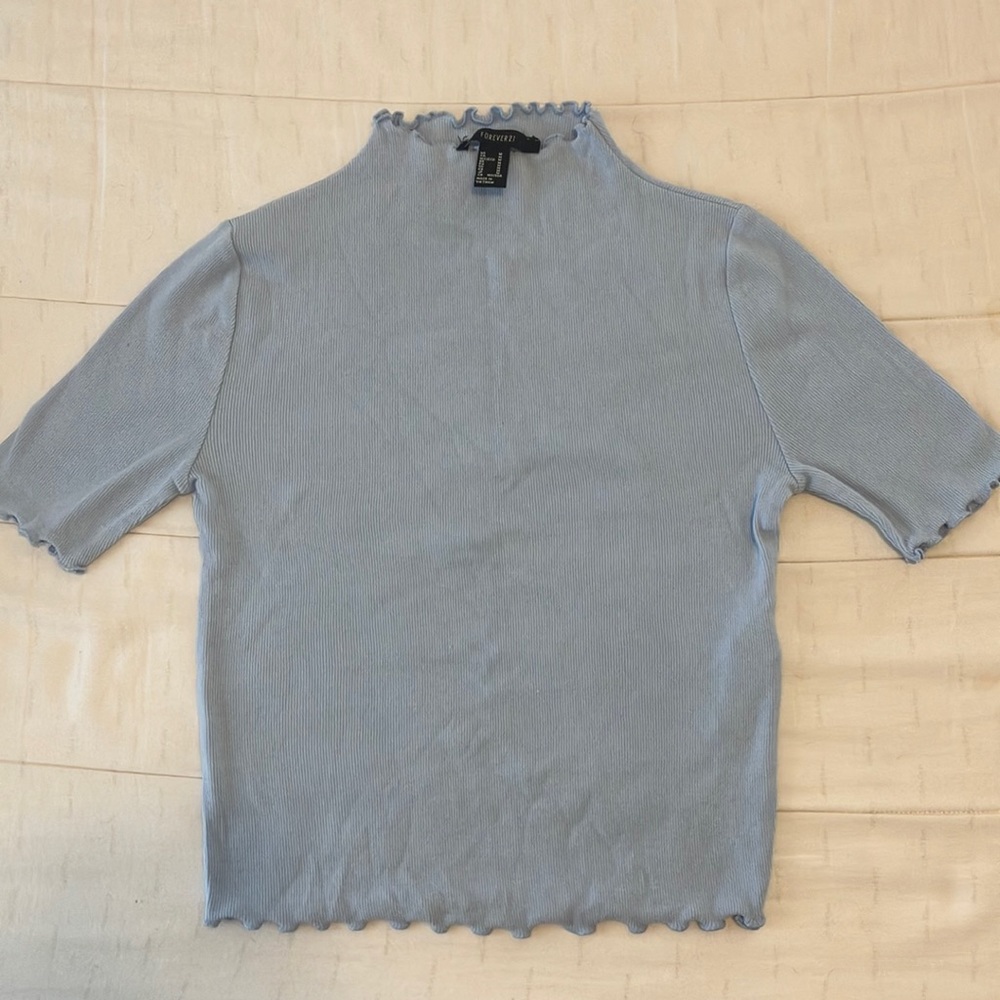 Blue Lettuce-edged Forever 21 Mock Neck Short Sleeve Tee